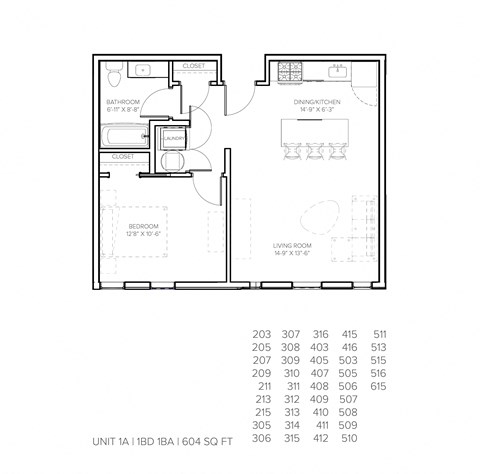 Floor plan for 1 bed, 1 bath, 604 sqft
